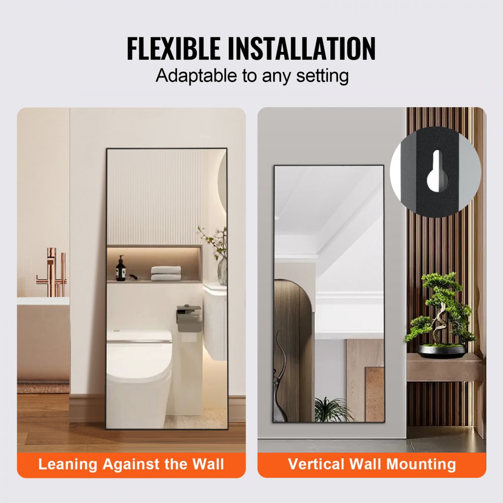 71x31 inch black full-length mirror shown leaning in a bathroom and mounted on a wall.