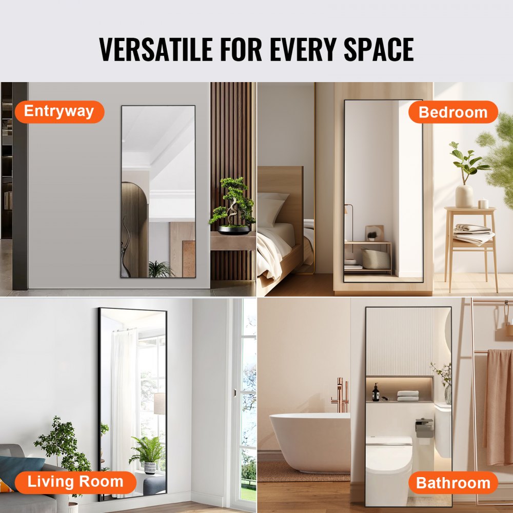 71x31 inch full-length black tempered glass mirror shown in entryway, bedroom, living room, and bathroom settings.