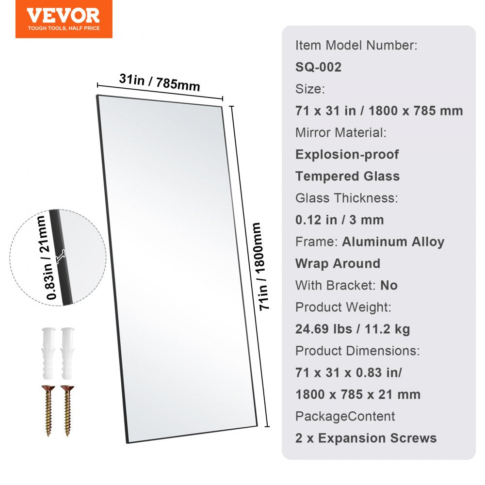 71x31 inch full-length black tempered glass mirror with aluminum frame.