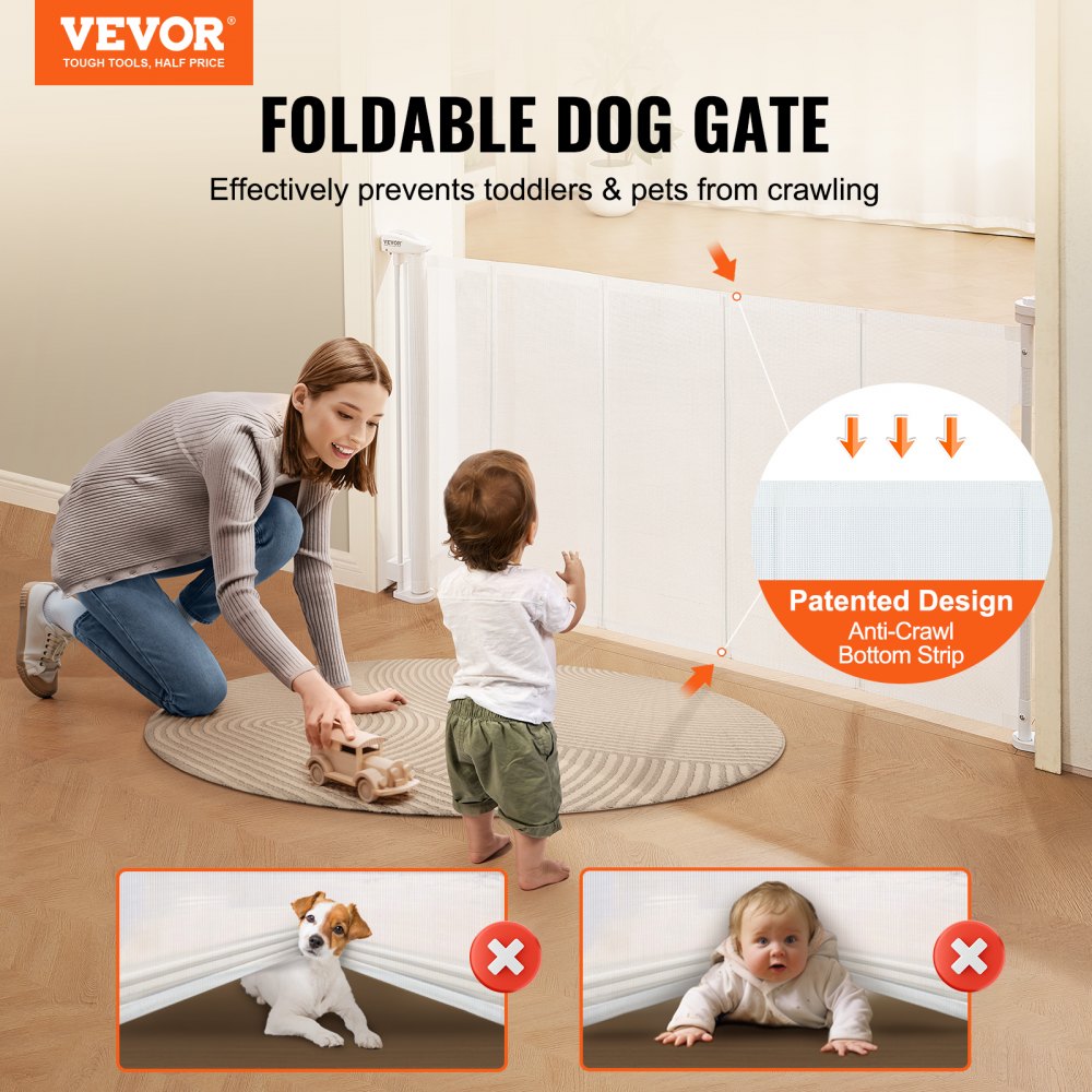 Retractable Baby Gate, 34.2" Tall Mesh Baby Gate, Extends up to 60" Wide Retractable Gate for Kids or Pets, Retractable Dog Gates for Indoor Stairs, Doorways, Hallways, Playrooms, White