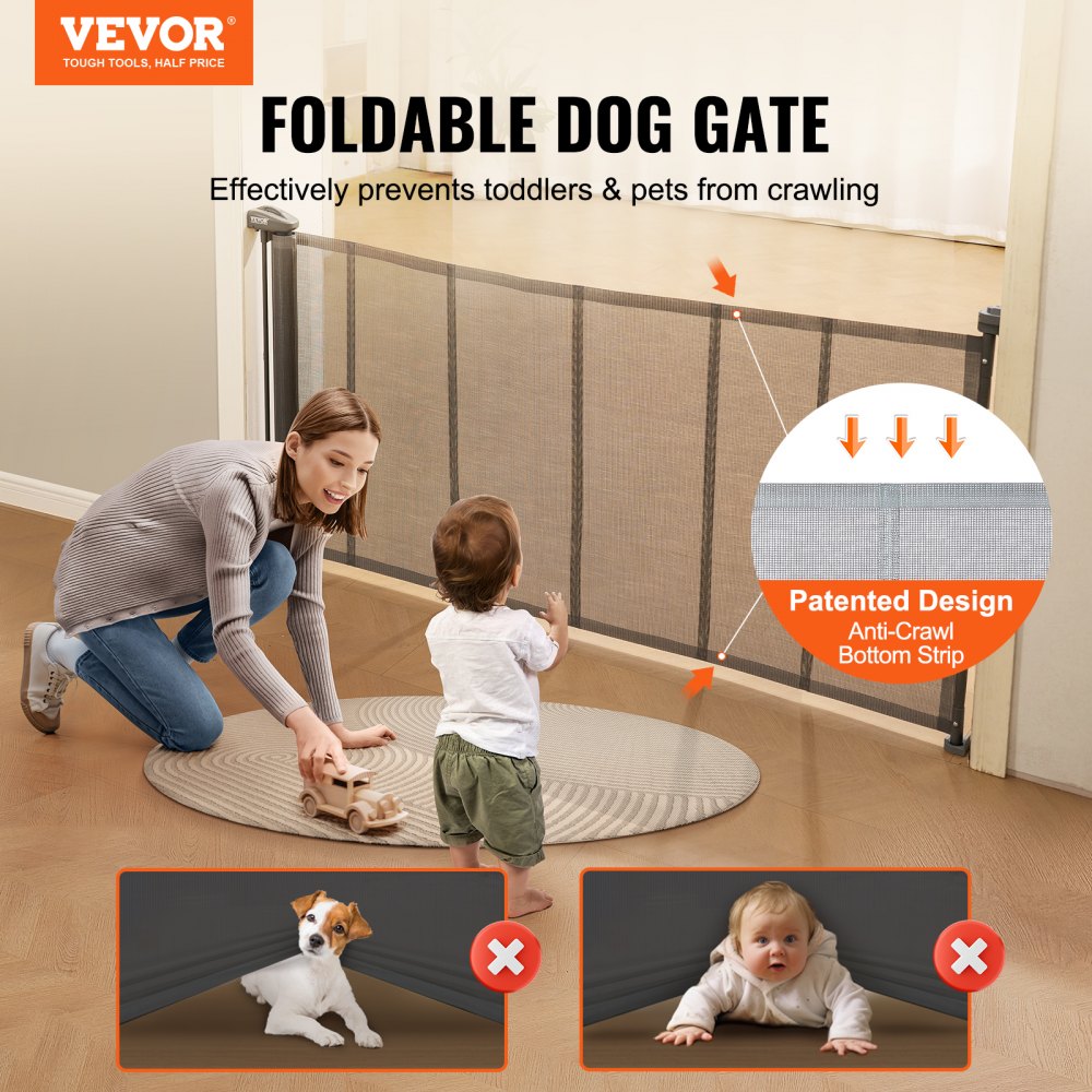 Retractable Baby Gate, 34.2" Tall Mesh Baby Gate, Extends up to 76.8" Wide Retractable Gate for Kids or Pets, Retractable Dog Gates for Indoor Stairs, Doorways, Hallways, Playrooms, Gray