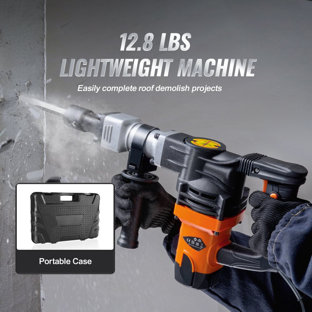 Bostome 1400W electric demolition jack hammer with two chisel bits and shock-absorbing handle.