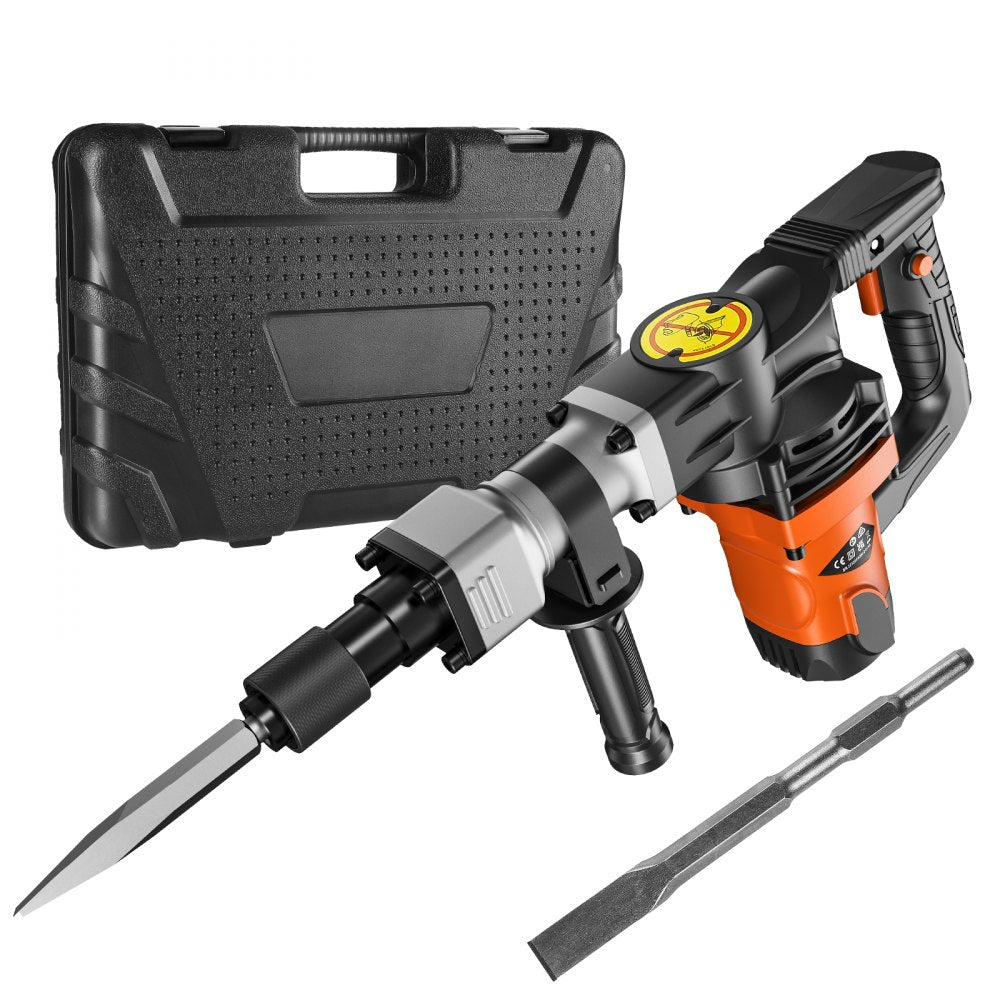 Bostome 1400W electric demolition jack hammer with two chisel bits and shock-absorbing handle.