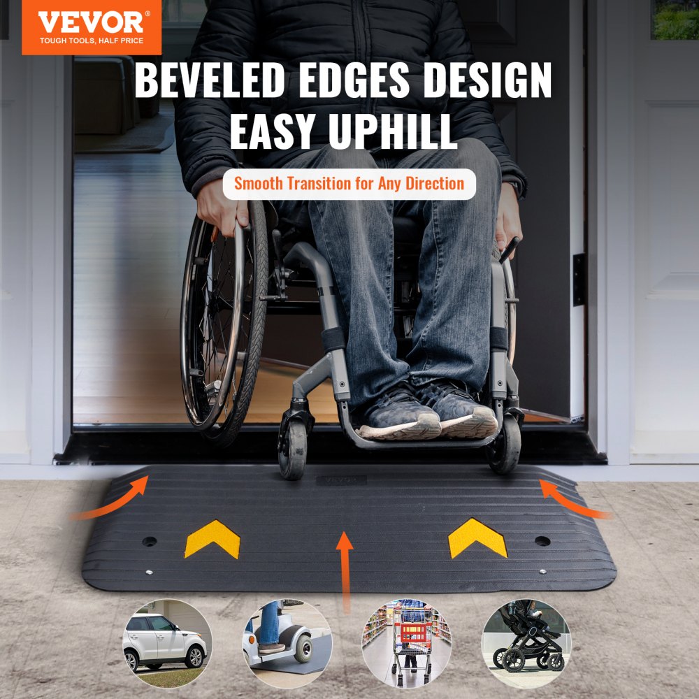 Rubber Threshold Ramp, 2" Rise Threshold Ramp Doorway, Recycled Rubber Power Threshold Ramp Rated 33069 lbs Load Capacity, Non-Slip Surface Rubber Solid Threshold Ramp for Wheelchair and Scooter