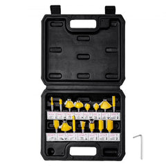 15-piece carbide router bit set with 1/4" shank, stored in a durable plastic case.