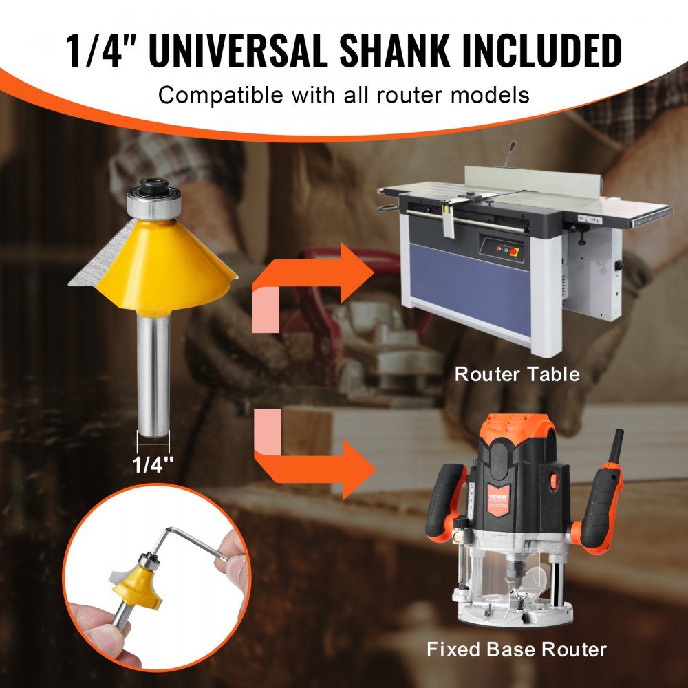 15-piece carbide router bit set with 1/4" shank, organized in a durable plastic case.