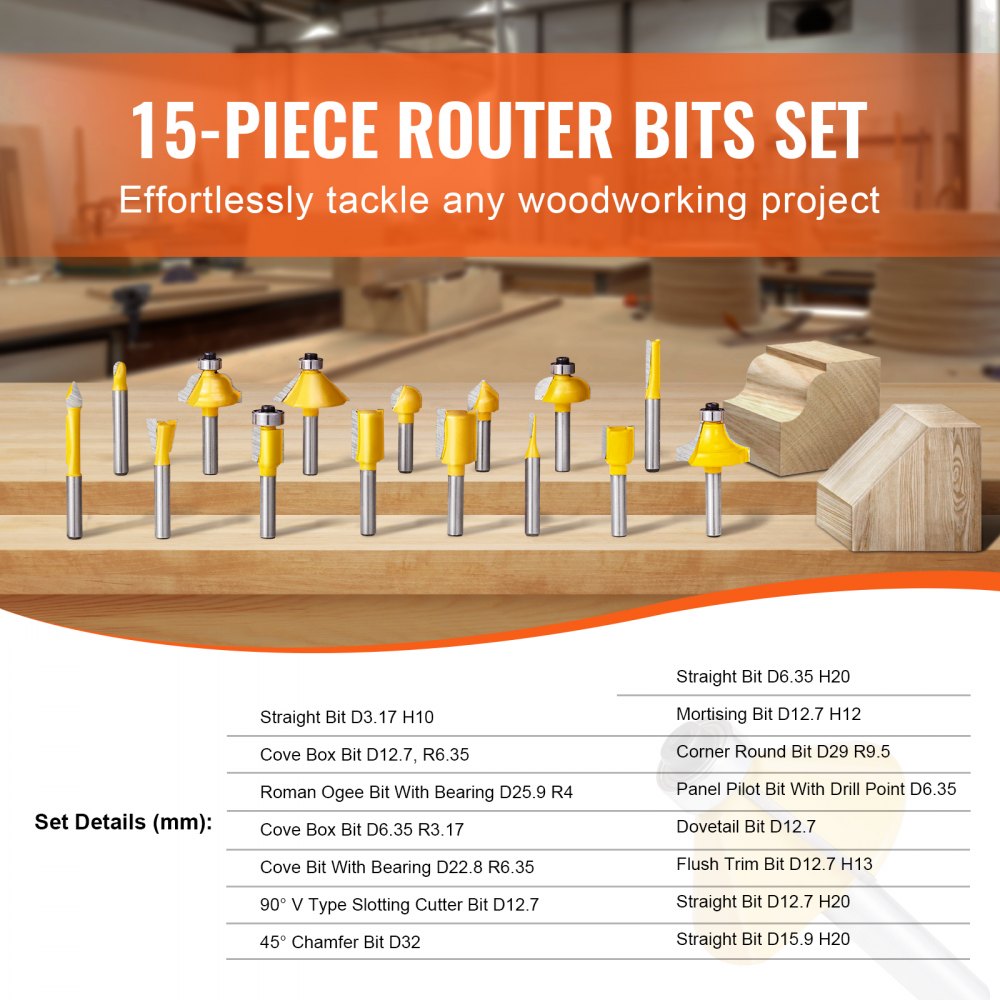 15-piece carbide router bit set with 1/4" shank in a plastic storage case.