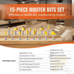 15-piece carbide router bit set with 1/4" shank in a plastic storage case.