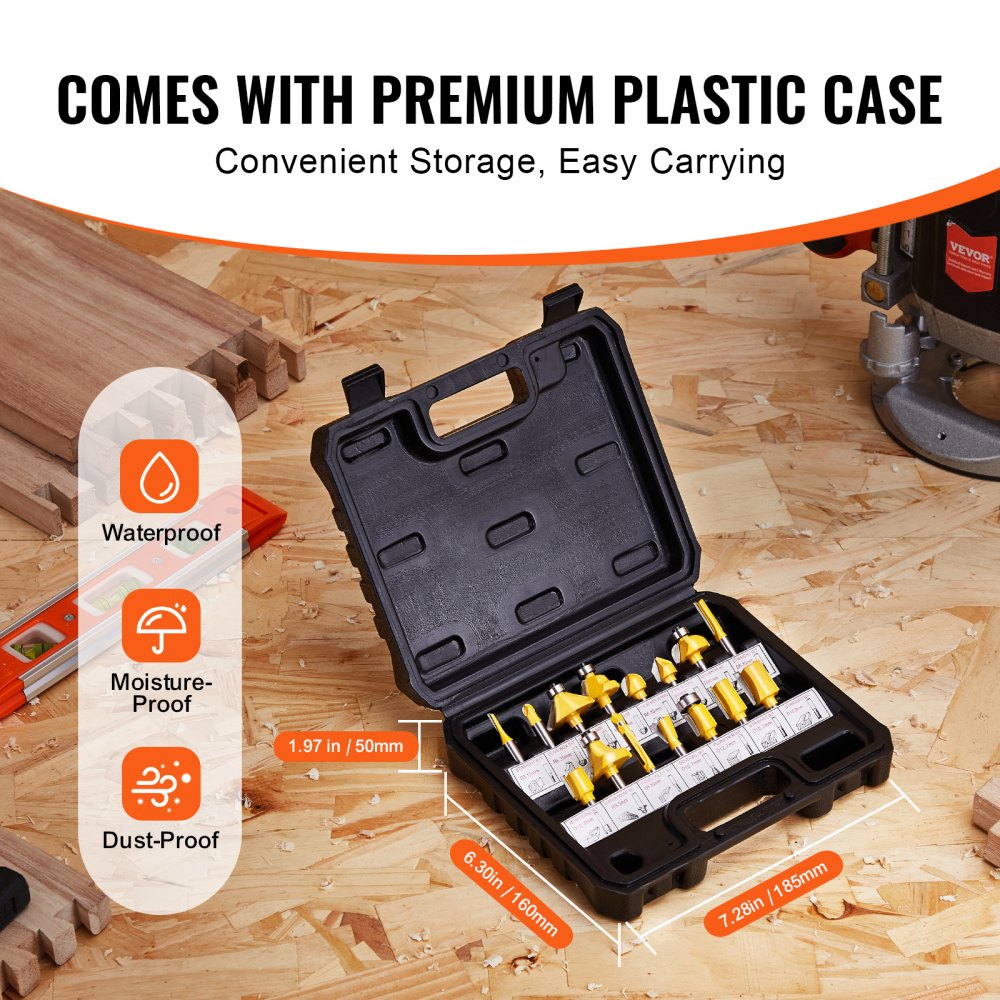 15-piece carbide router bit set with 1/4" shank and durable storage case for woodworking.