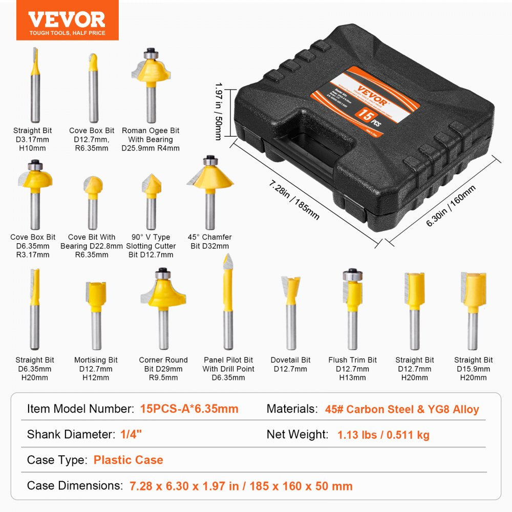 15-piece carbide router bit set with 1/4" shank, organized in a plastic storage case.