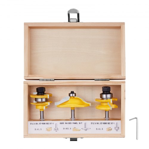 3-piece yellow carbide router bits with 1/4-inch shanks in an open wooden case.