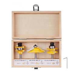 3-piece yellow carbide router bits with 1/4-inch shanks in an open wooden case.