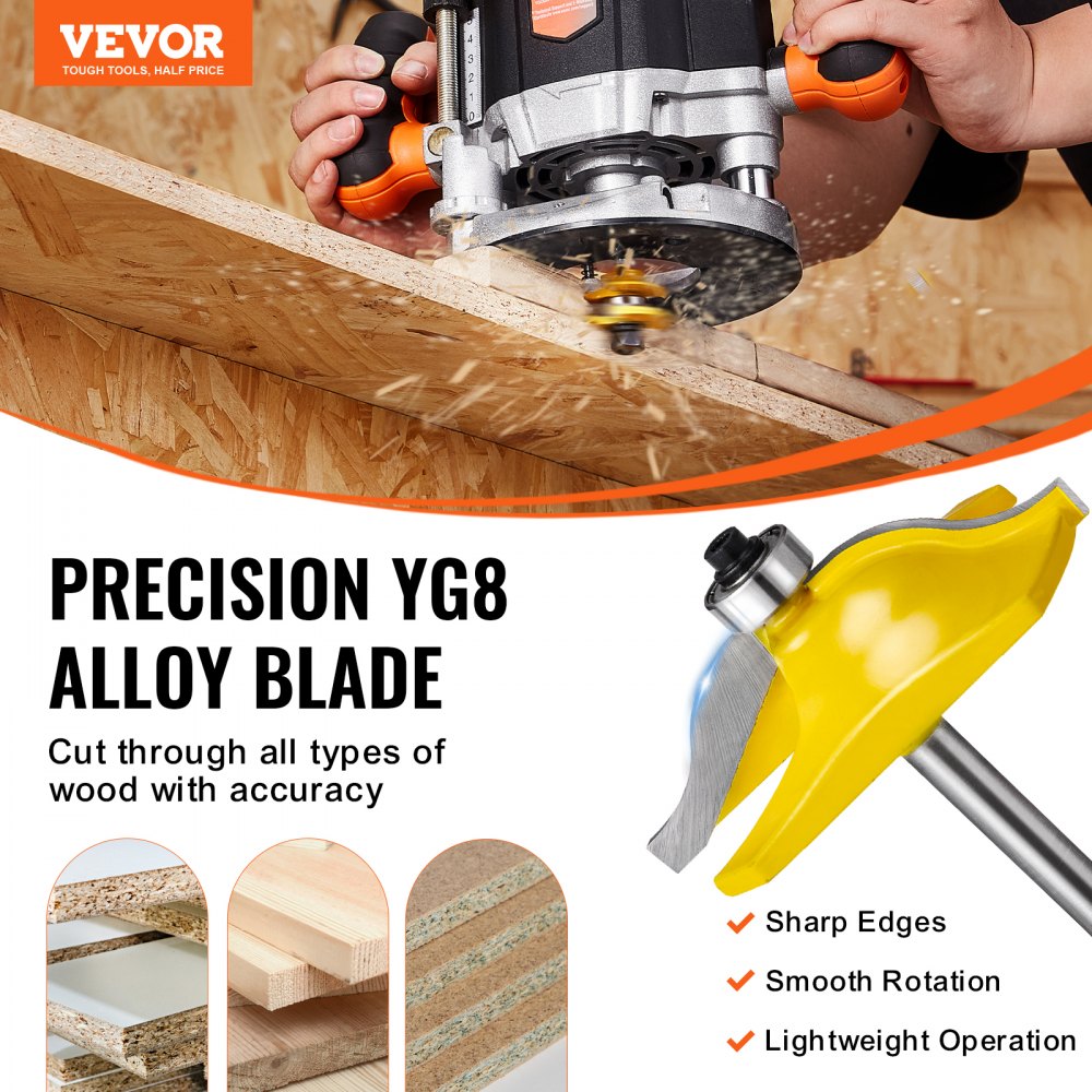 Three carbide router bits with 1/4 inch shank and wooden storage case for woodworking projects