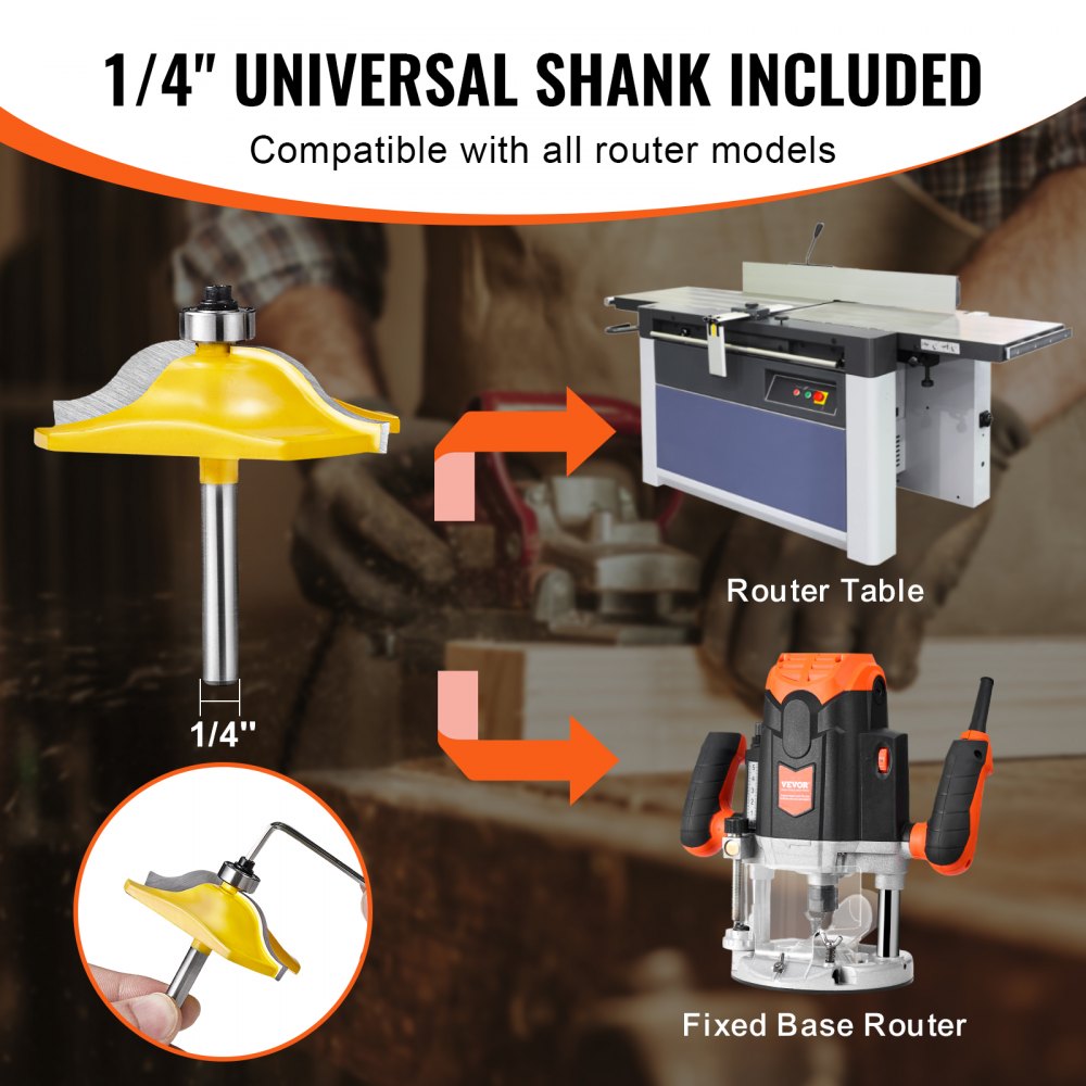 3-piece carbide router bits set with 1/4-inch shank, shown in yellow with router table and fixed base router.