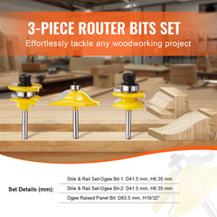 Three yellow-handled carbide router bits with 1/4-inch shanks in a wooden case.