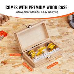 Three carbide router bits with 1/4 inch shank in an open wooden storage case on a wood background.