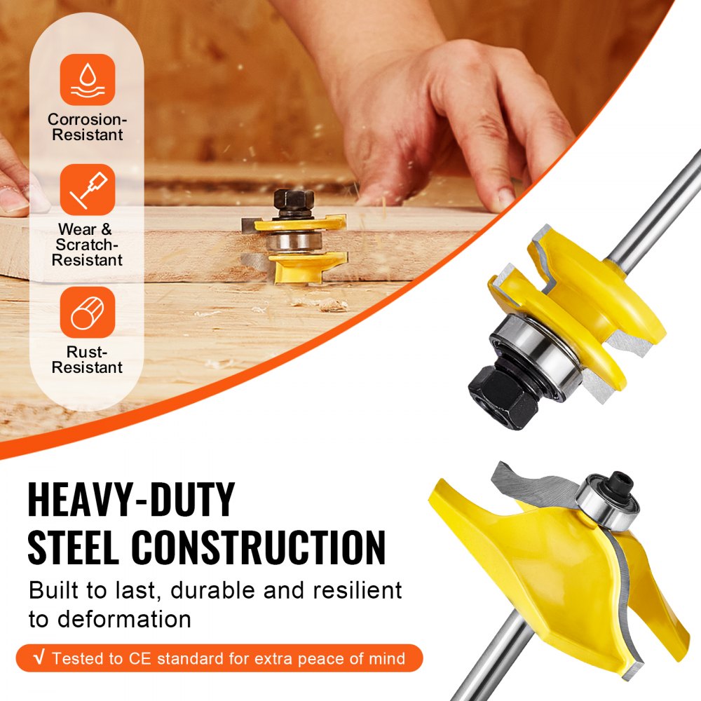 3-piece yellow carbide router bits set with 1/4-inch shank and wooden case, showing durability features.