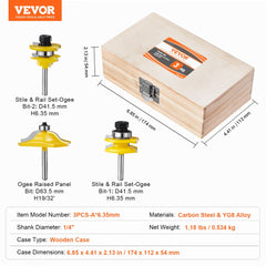 3-piece carbide router bits set with 1/4-inch shank in wooden case.