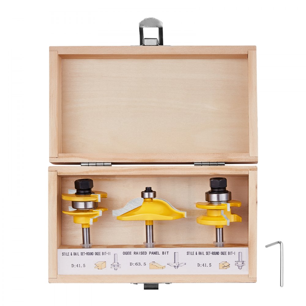 Three yellow carbide router bits with 1/4 inch shank in a wooden case with metal latch.