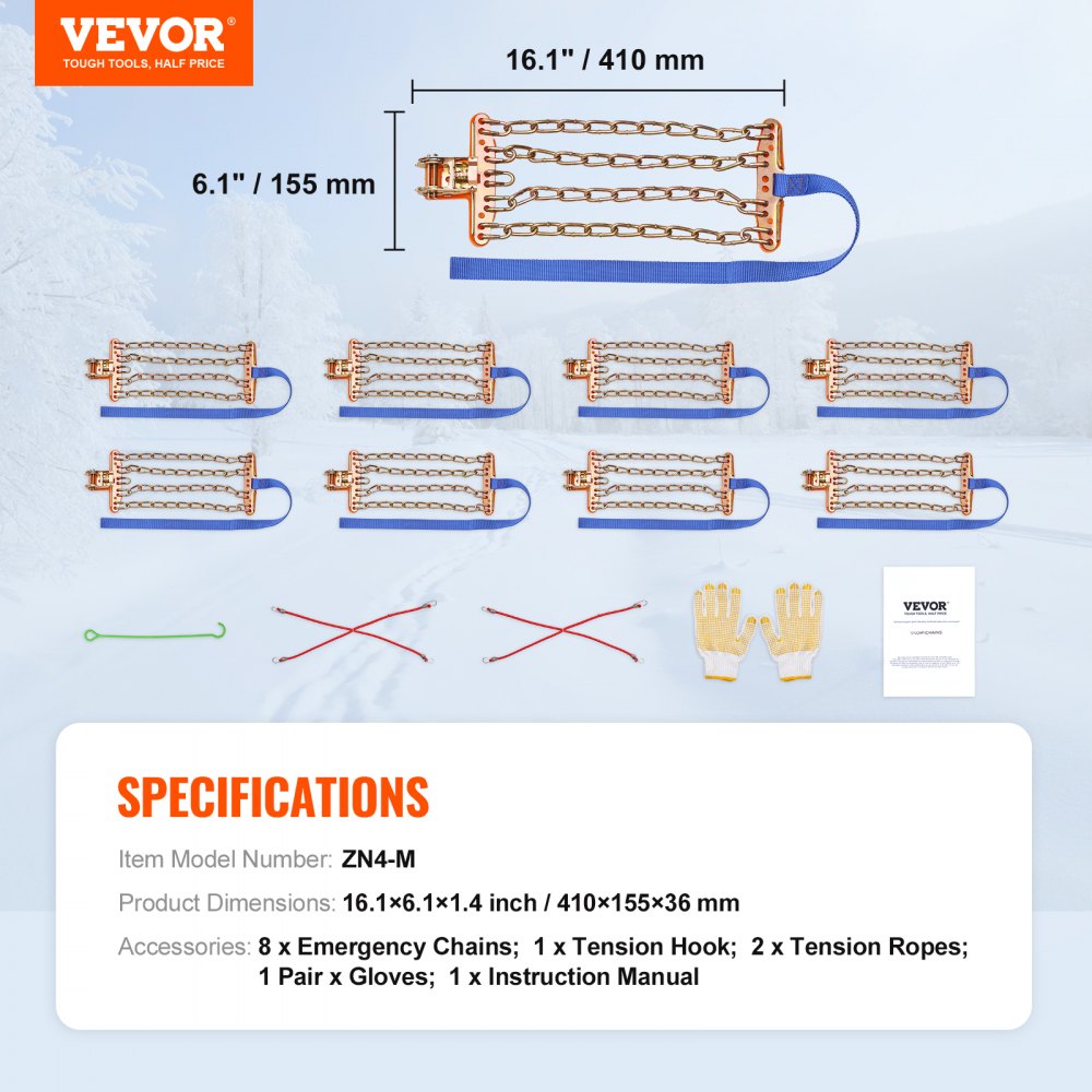 8 PCS Snow Chains Tire Width 9.2-11.2in/235-28mm for Car/Pickup/SUV/Truck