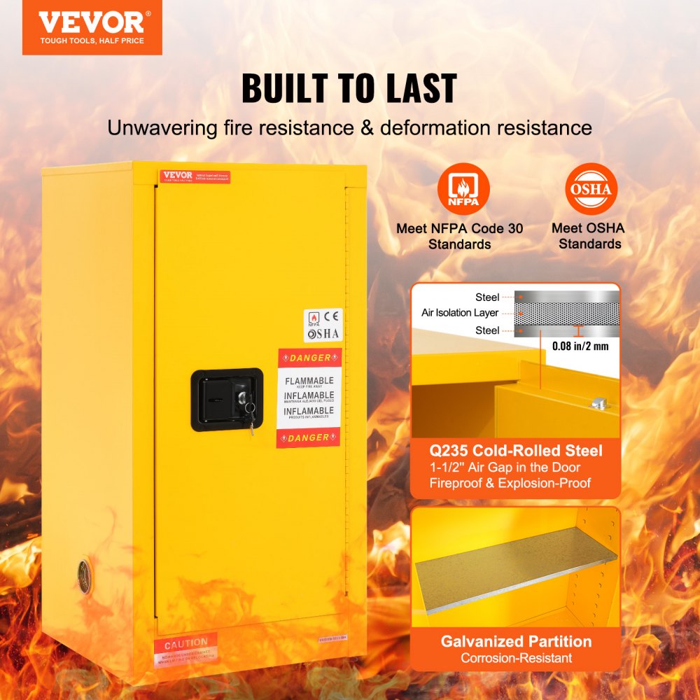 Yellow 16-gallon galvanized steel flammable safety cabinet with adjustable shelves and double walls.