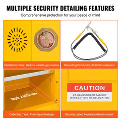 Yellow 16-gallon galvanized steel flammable safety cabinet with adjustable shelves, ventilation holes, grounding conductor, and caution labels.