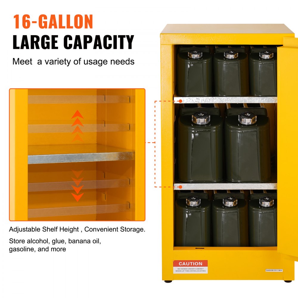Yellow 16-gallon galvanized steel flammable safety cabinet with adjustable shelves and stored fuel cans.