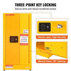 Yellow 16-gallon galvanized steel flammable safety cabinet with three-point key lock and adjustable shelves.