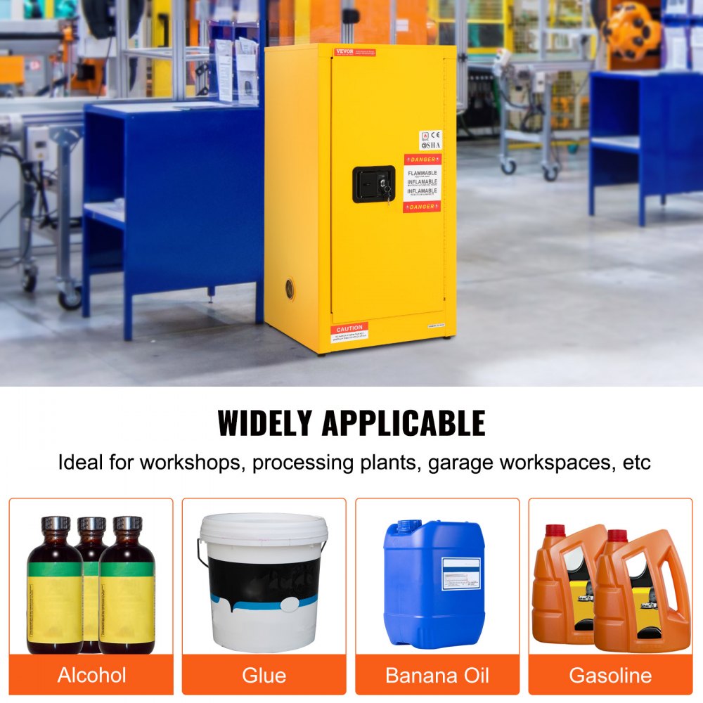 Yellow 16-gallon galvanized steel flammable safety cabinet with adjustable shelves in a workshop.