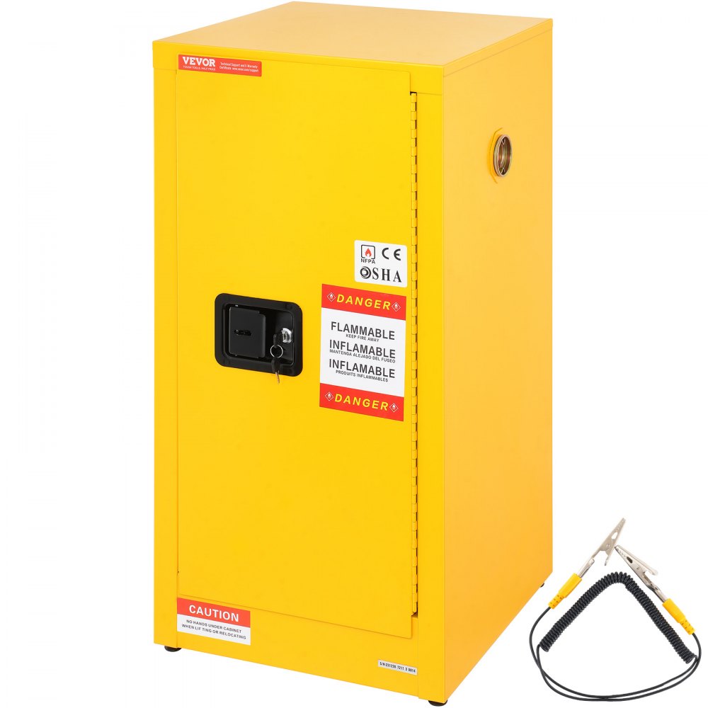 Yellow galvanized steel flammable safety cabinet with adjustable shelves, lock, and grounding wire.