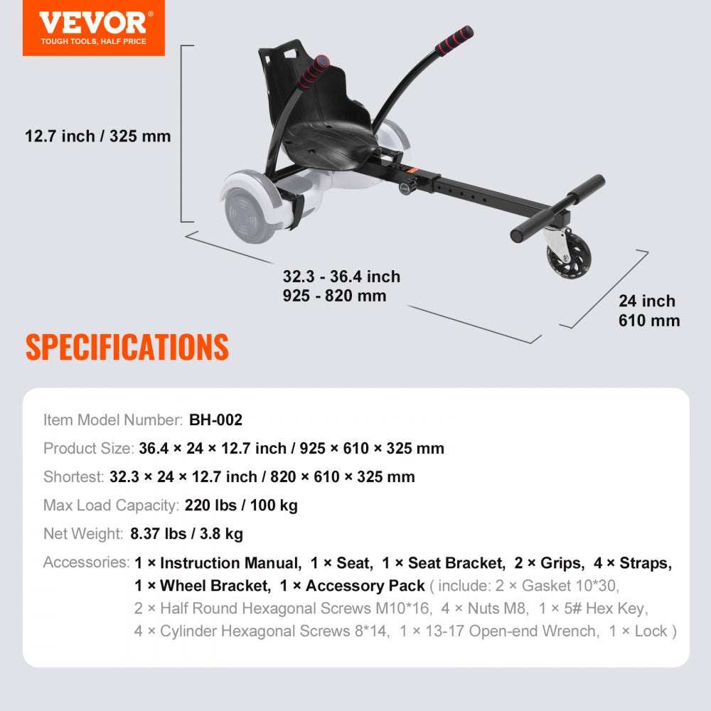 Hoverboard Seat Attachment, for 6.5" 8" 8.5" 10" Hoverboards, with LED Lights, Grips Control, Adjustable Frame Length and 220 LBS Load Capacity, Hover Board Go Karts Accessory, for Kids Adults