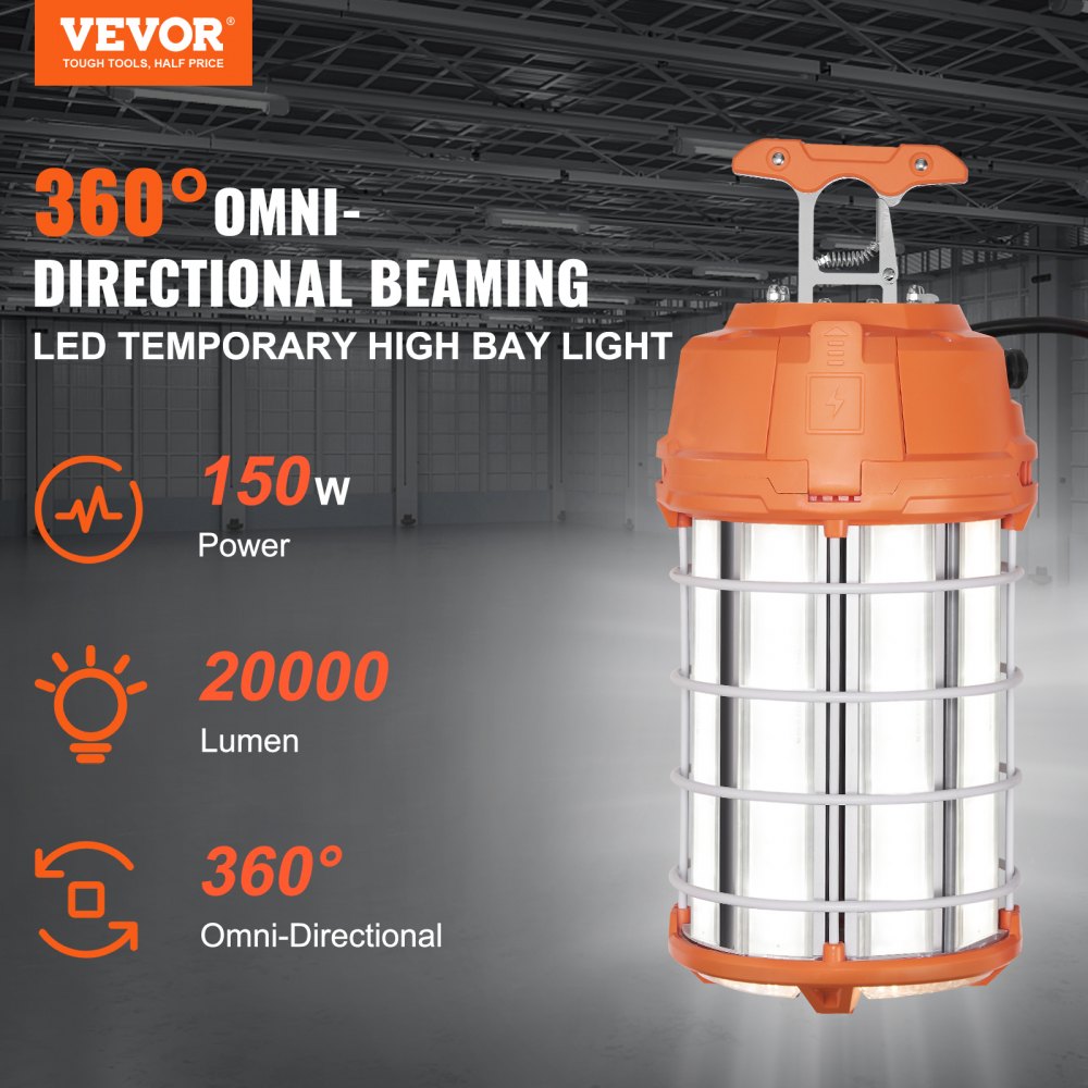 LED Temporary Work Light, 150W, 20000lm Construction Lights, 5000K Portable Super Bright & Waterproof & Connected Up to 6 lights, Hanging Job Site Lighting for Indoor and Outdoor Lighting