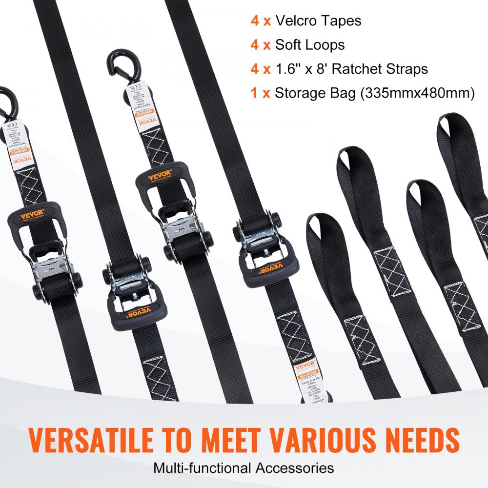 Ratchet Tie Down Straps (4PK), 5208 lb Max Break Strength, Includes 4 Premium 1.6" x 8` Rachet Tie Downs with Padded Handles, for Moving Securing Cargo, Appliances, Lawn Equipment, Motorcycle