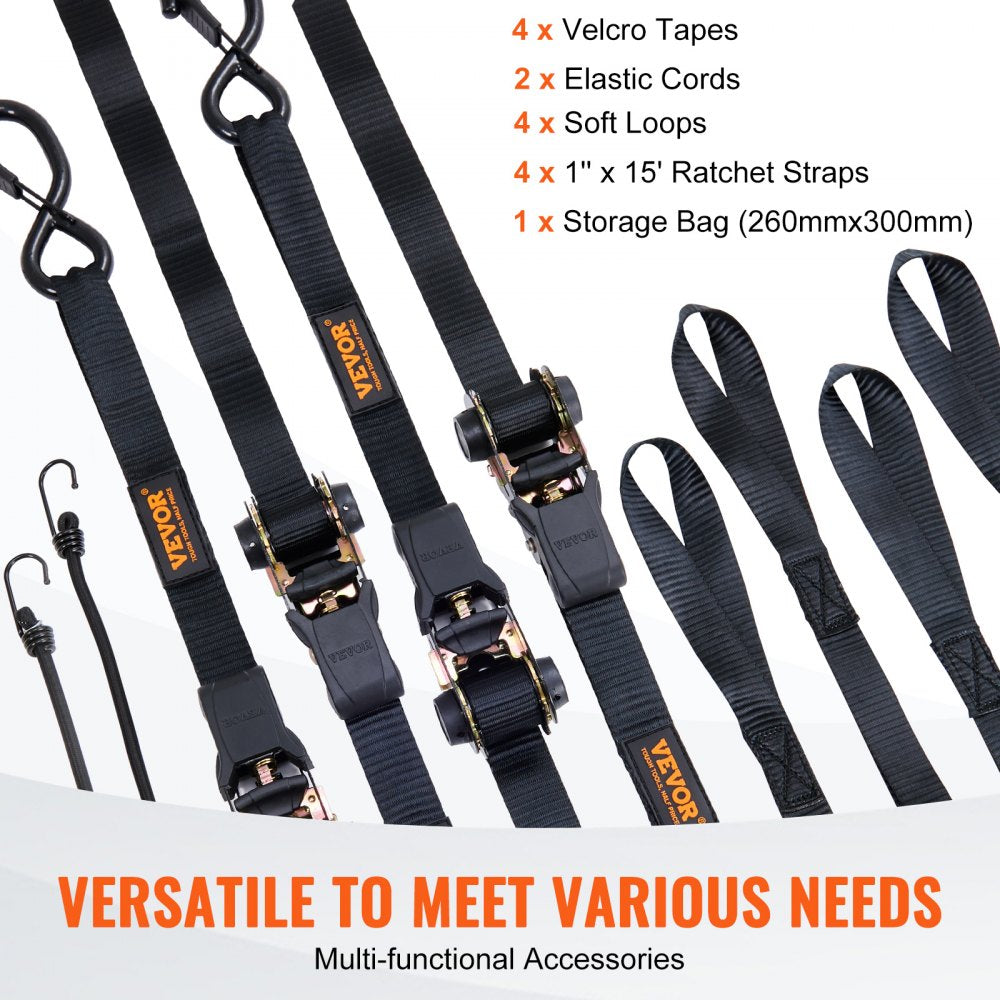 Ratchet Tie Down Straps (4PK), 2200 lb Max Break Strength, Includes 4 Premium 1" x 15` Rachet Tie Downs with Padded Handles, for Moving Securing Cargo, Appliances, Lawn Equipment, Motorcycle