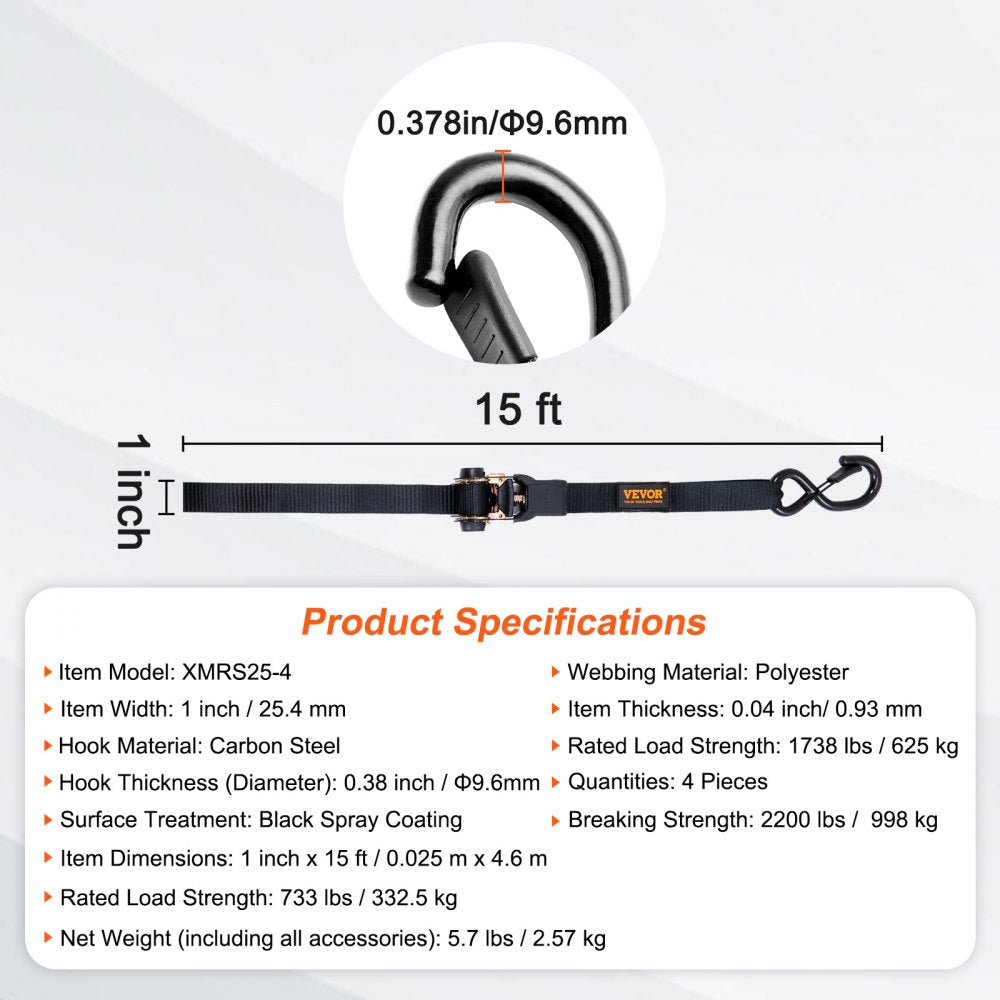 Ratchet Tie Down Straps (4PK), 2200 lb Max Break Strength, Includes 4 Premium 1" x 15` Rachet Tie Downs with Padded Handles, for Moving Securing Cargo, Appliances, Lawn Equipment, Motorcycle