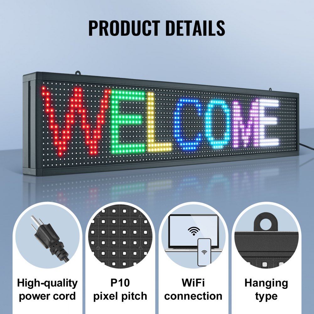 Programmable LED Sign, P10 Full Color LED Scrolling Panel, DIY Custom Text Animation Pattern Display Board, WIFI USB Control Message Shop Sign for Store Business Party Bar Advertising 52"x8"