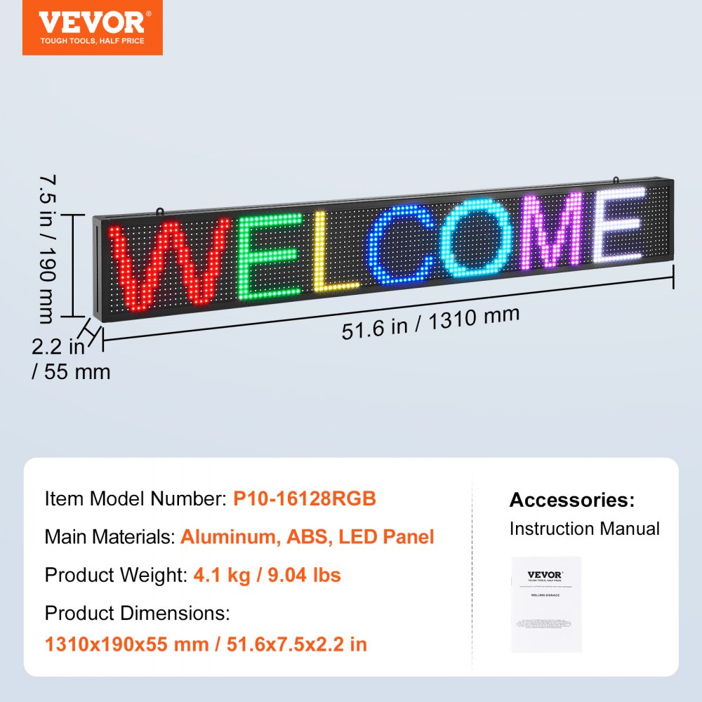Programmable LED Sign, P10 Full Color LED Scrolling Panel, DIY Custom Text Animation Pattern Display Board, WIFI USB Control Message Shop Sign for Store Business Party Bar Advertising 52"x8"