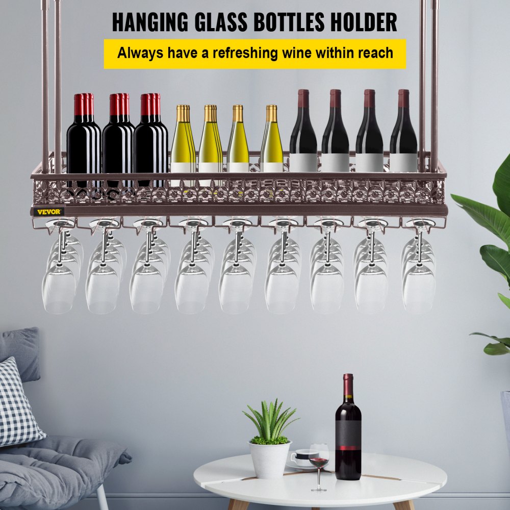 Ceiling Wine Glass Rack, 35.8 x 13 inch Hanging Wine Glass Rack, 18.9-35.8 inch Height Adjustable Hanging Wine Rack Cabinet, Coppery Wall-Mounted Wine Glass Rack Perfect for Bar Cafe Kitchen