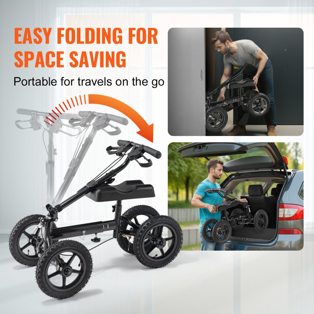 Folding Knee Scooter, Aluminum Steerable Knee Walker with Height-Adjustable Handlebar & Knee Pad, 12" All-Terrain Wheels, Dual Brakes, Leg Recovery Scooter for Broken Ankle Foot Injuries, 350LBS