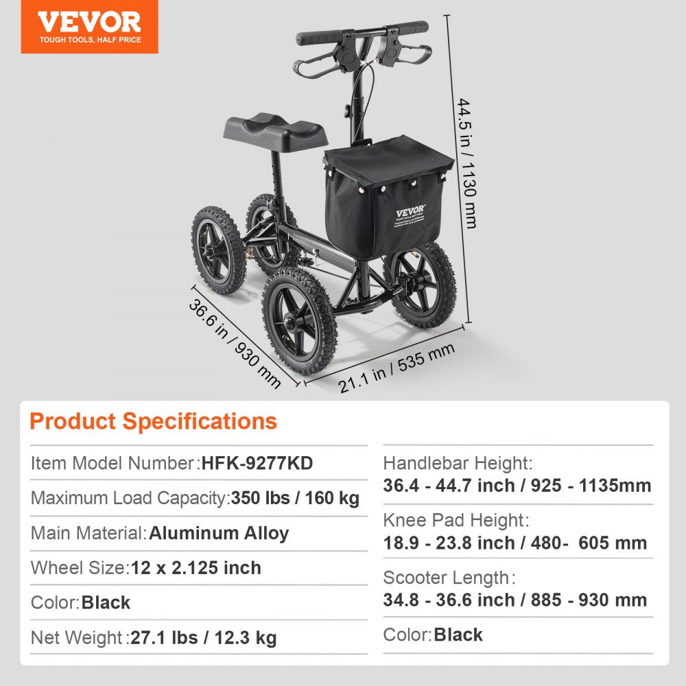 Folding Knee Scooter, Aluminum Steerable Knee Walker with Height-Adjustable Handlebar & Knee Pad, 12" All-Terrain Wheels, Dual Brakes, Leg Recovery Scooter for Broken Ankle Foot Injuries, 350LBS