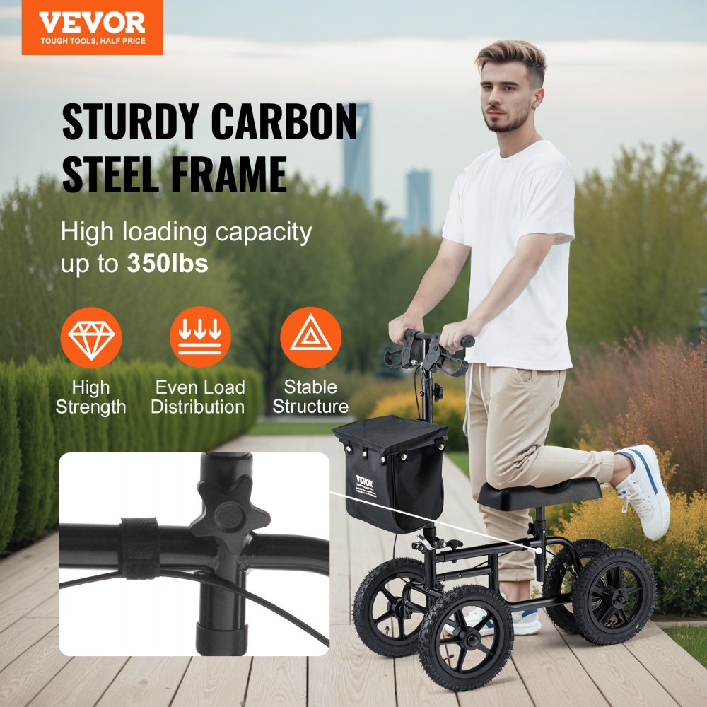 Folding Knee Scooter, Carbon Steel Steerable Knee Walker with Height-Adjustable Handlebar & Knee Pad, 12" All-Terrain Wheel, Dual Brakes, Leg Recovery Scooter for Injured Ankle Foot Knee, 350LBS