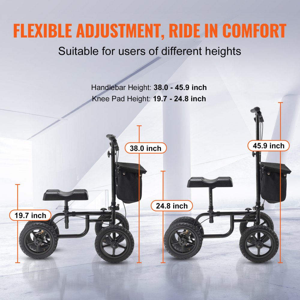 Folding Knee Scooter, Carbon Steel Steerable Knee Walker with Height-Adjustable Handlebar & Knee Pad, 12" All-Terrain Wheel, Dual Brakes, Leg Recovery Scooter for Injured Ankle Foot Knee, 350LBS