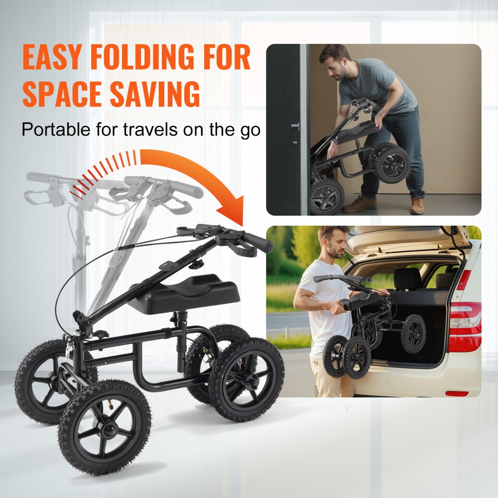 Folding Knee Scooter, Carbon Steel Steerable Knee Walker with Height-Adjustable Handlebar & Knee Pad, 12" All-Terrain Wheel, Dual Brakes, Leg Recovery Scooter for Injured Ankle Foot Knee, 350LBS
