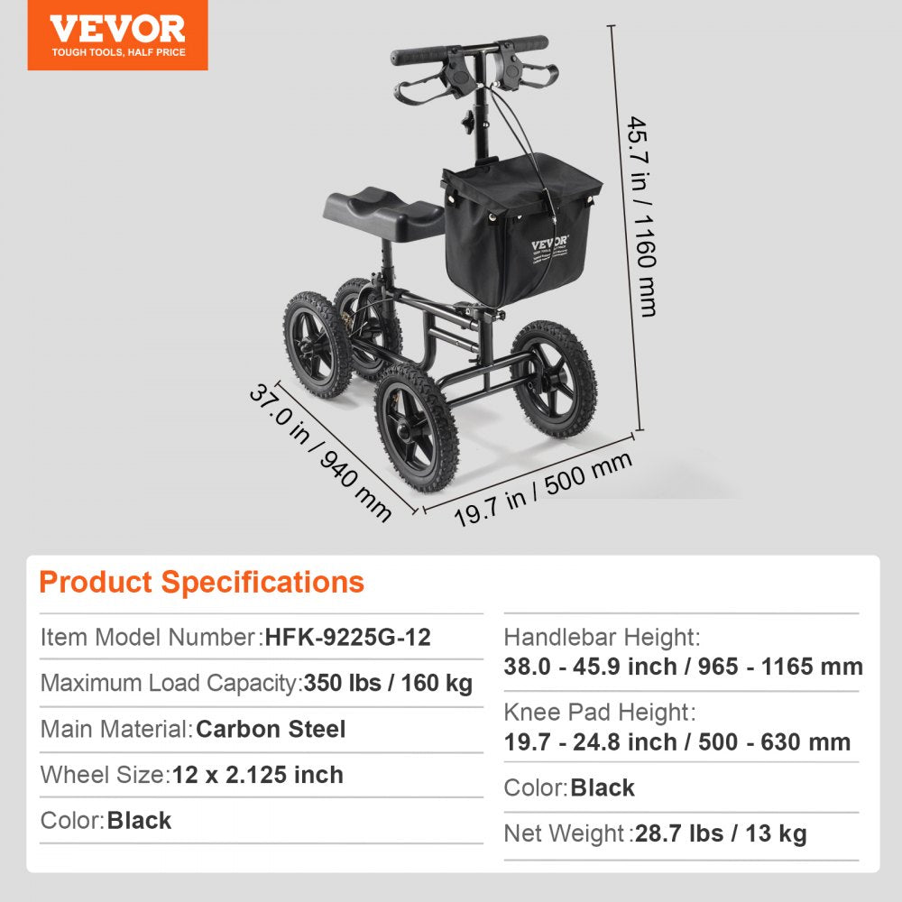 Folding Knee Scooter, Carbon Steel Steerable Knee Walker with Height-Adjustable Handlebar & Knee Pad, 12" All-Terrain Wheel, Dual Brakes, Leg Recovery Scooter for Injured Ankle Foot Knee, 350LBS