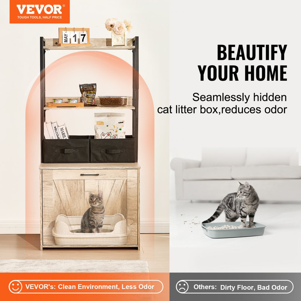 Cat Litter Box Enclosure Litter Box Furniture Hidden 2 Shelves & 2 Baskets