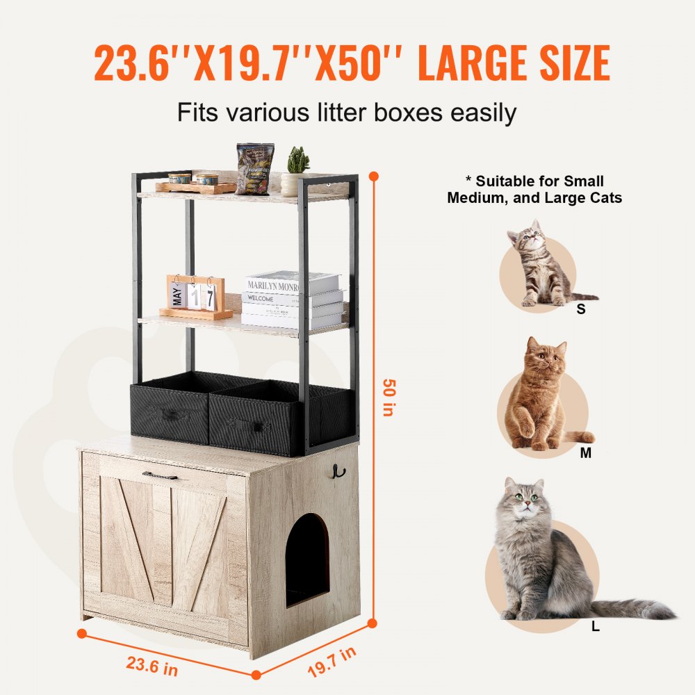Cat Litter Box Enclosure Litter Box Furniture Hidden 2 Shelves & 2 Baskets