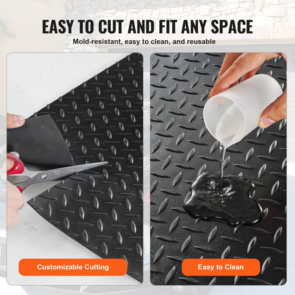 Black 3mm SBR rubber garage flooring roll with a diamond plate pattern for slip resistance.