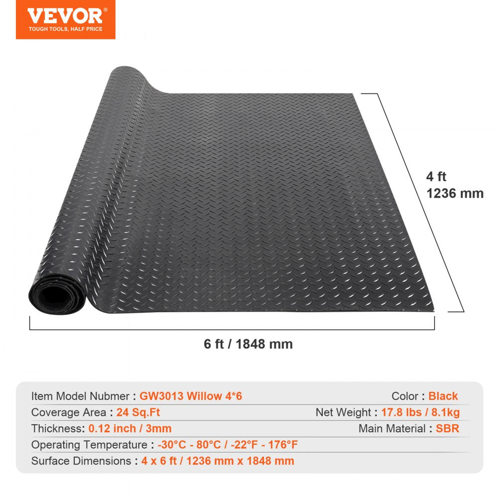 Black 3mm thick SBR rubber garage flooring roll with a diamond plate pattern.
