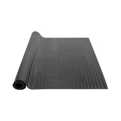 Black 3mm thick SBR rubber garage flooring roll with diamond plate pattern for high-traction use.