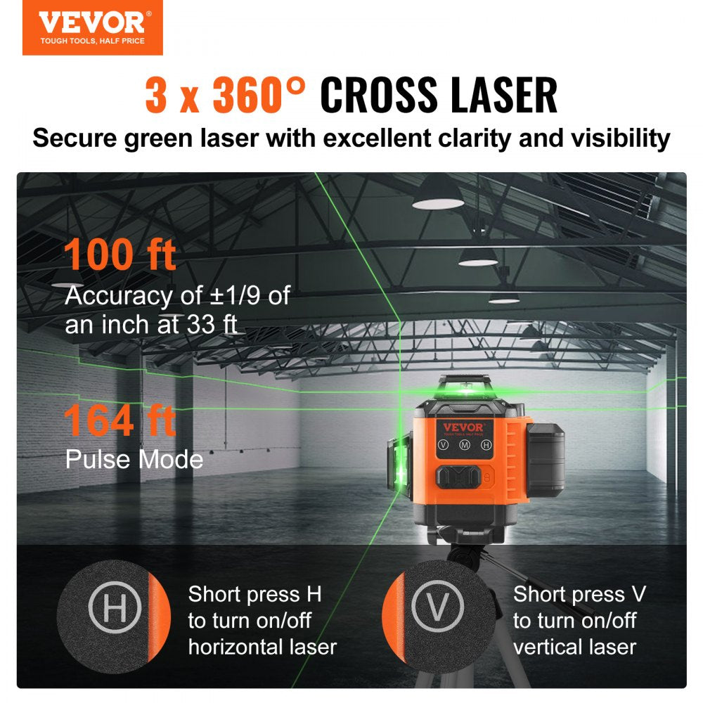 100ft Self Leveling Laser Level, Manual Green 3 x 360° Cross Line Laser, Remote Control Manual Self-leveling Mode & IP54 Waterproof 8h Continuous Working Time Line Laser, Battery/Stand Included
